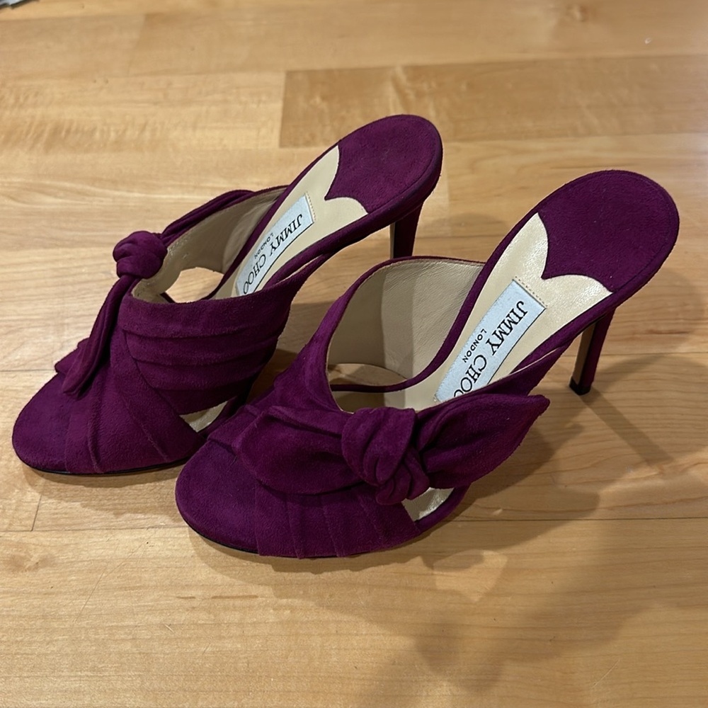 Sexy Jimmy Choo Keely suede magenta bow open toe mules heels sz 35 - Picture 4 of 11